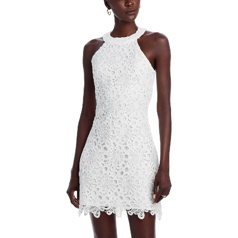 Minimalist Style Aqua Womens Embroidered Lace Halter Dress