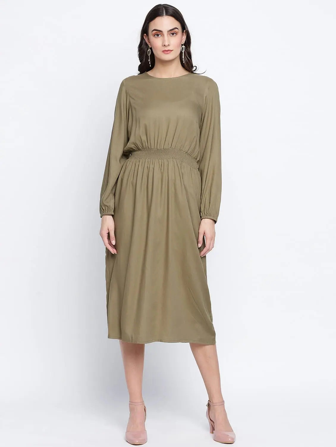 Stylish Loungewear for Women Belle Solid Khaki Smoked Women Dress