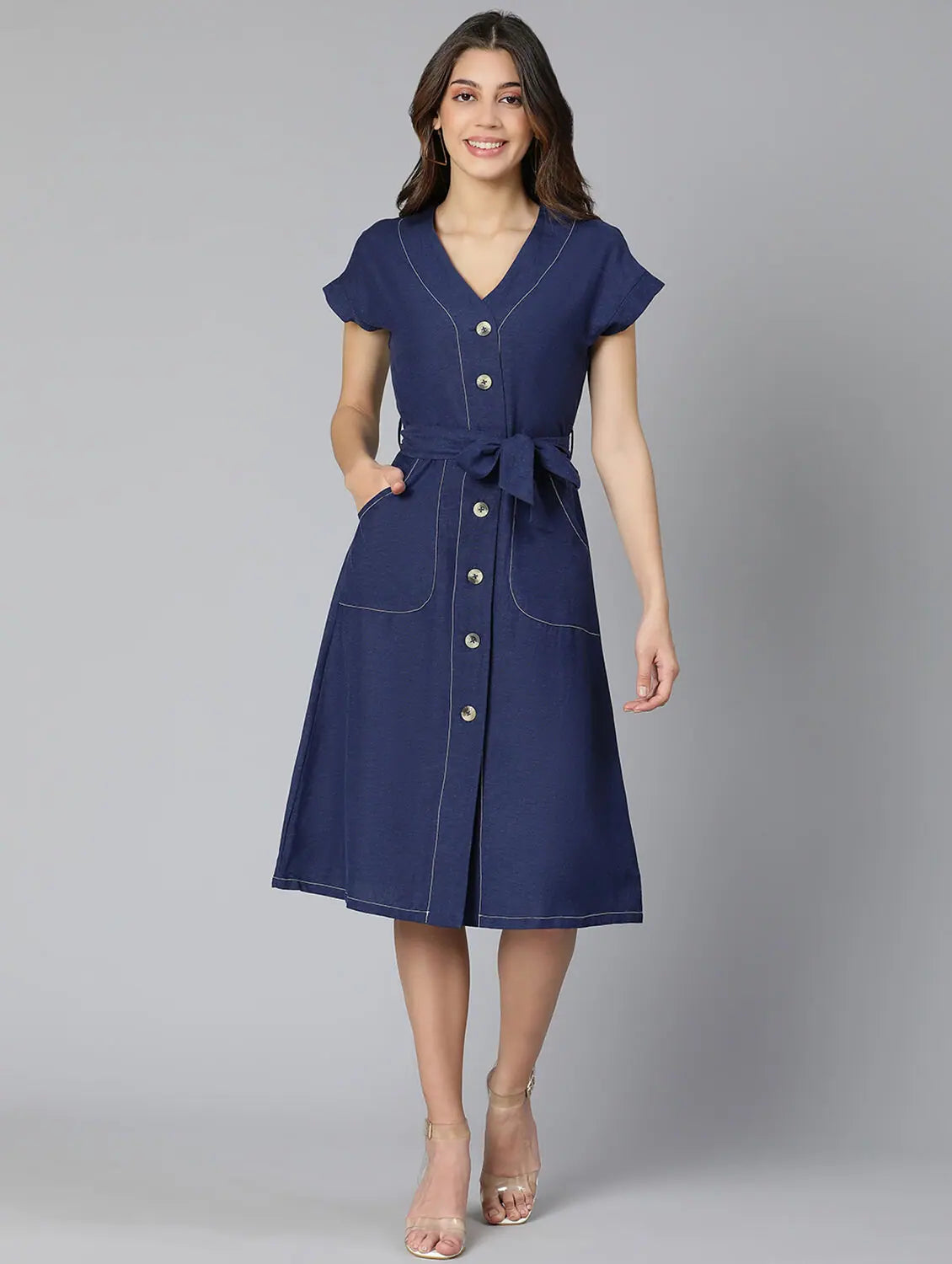 Relaxed Fashion Churlish Blue Linen Blend Meld Women Tie-Knot Dress