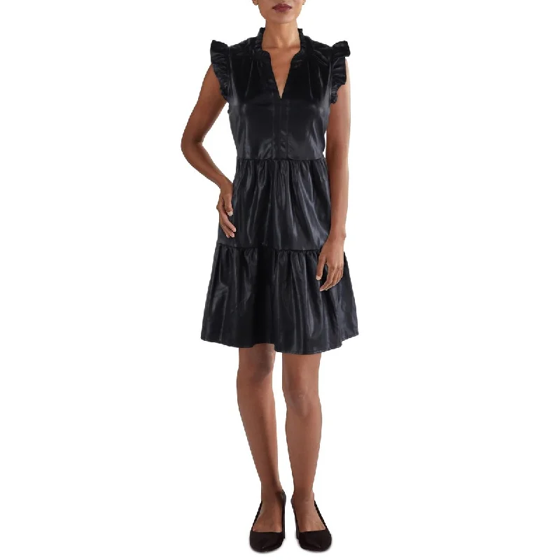 Women Wear Boutique Skies Are Blue Womens Faux Leather Ruffled Fit & Flare Dress