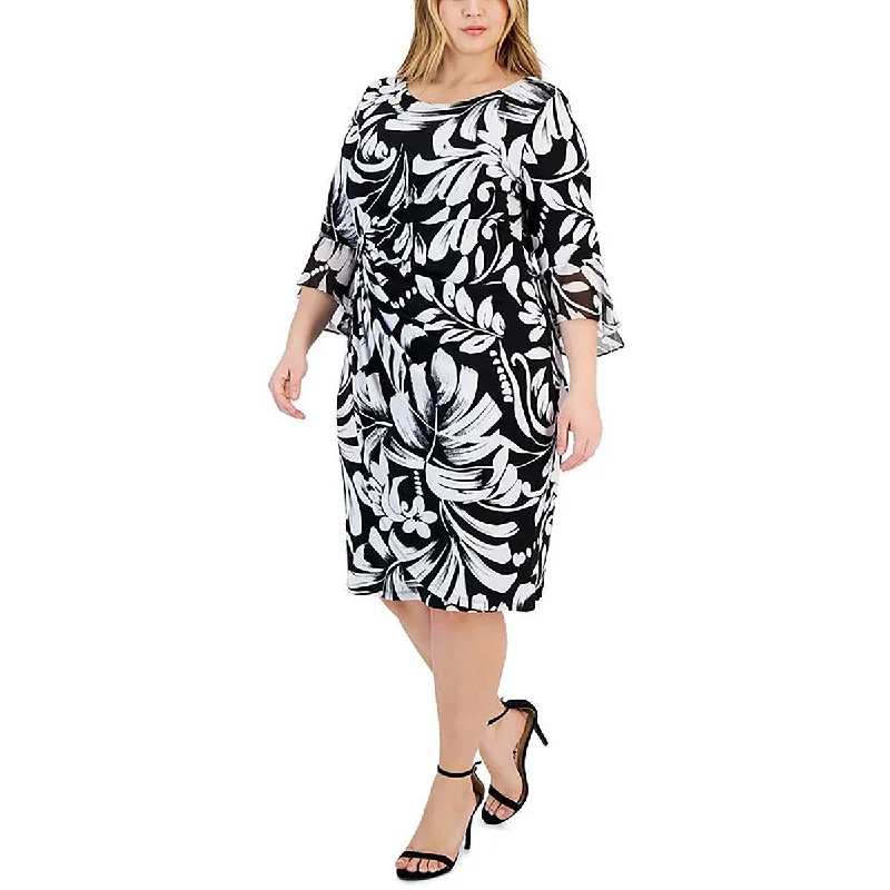 Women's Seasonal Clothes Connected Apparel Womens Plus Printed Bell Sleeve Sheath Dress