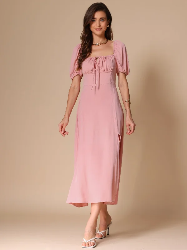 Women's Evening Garments Puff Sleeve Square Tie Neck Slit Smocked Dress