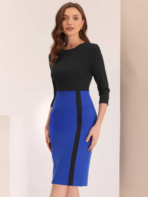 Women's Night-Out Outfit Pencil Round Neck 3/4 Sleeve Contrast Office Sheath Dress
