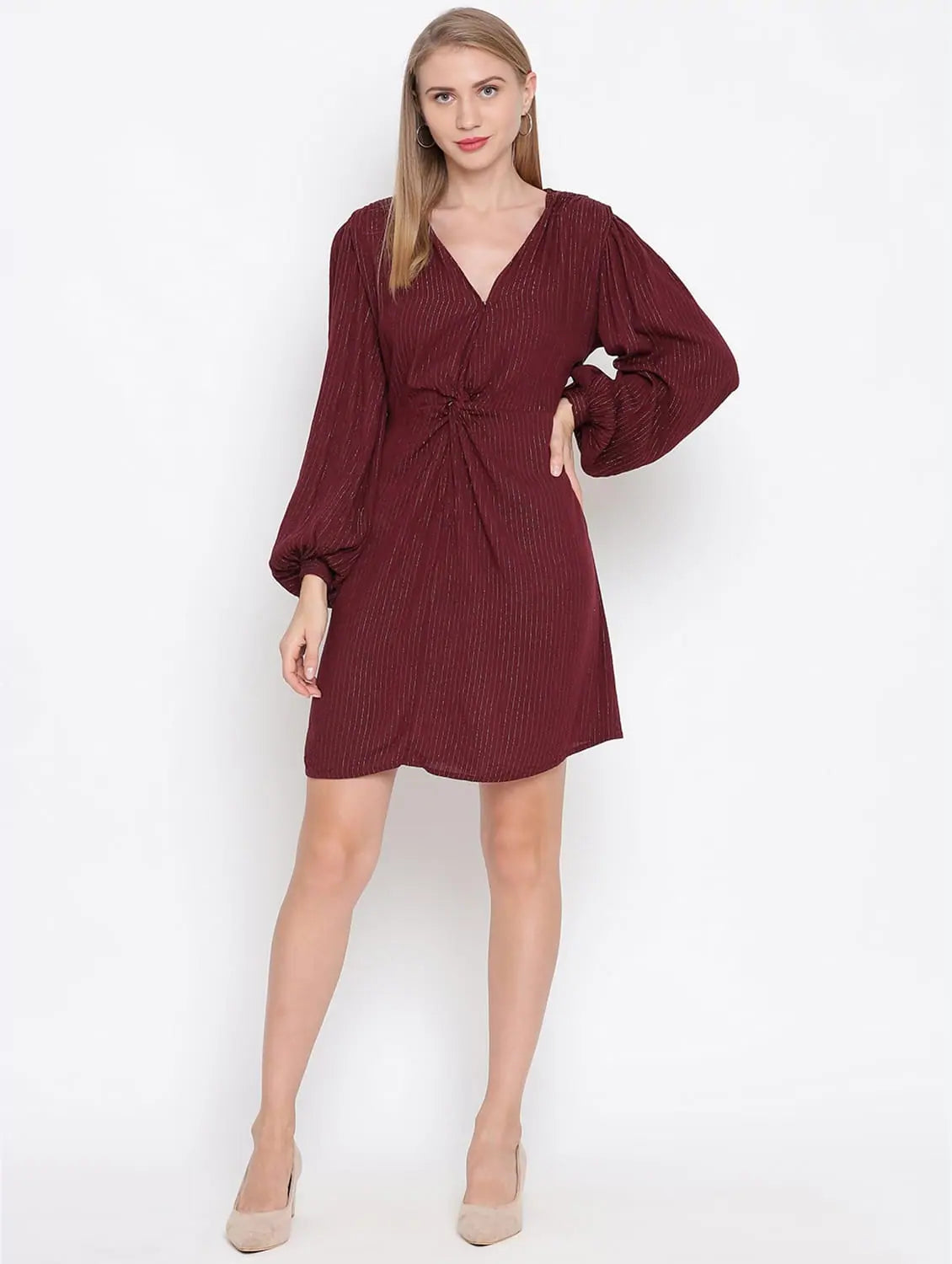 Chic Casual Style Wine-Coloured Tailored Lurex Stripe Dress