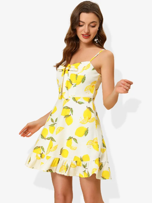 Outfits For Women Ruffle Bow Knot Mini Sundress Lemon Spaghetti Strap Dress