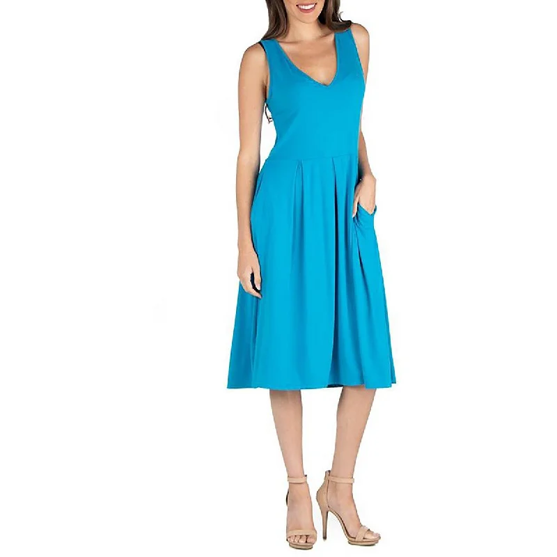 Trendy Boutiques Online 24seven Comfort Apparel Womens V-Neck Side Pockets Fit & Flare Dress