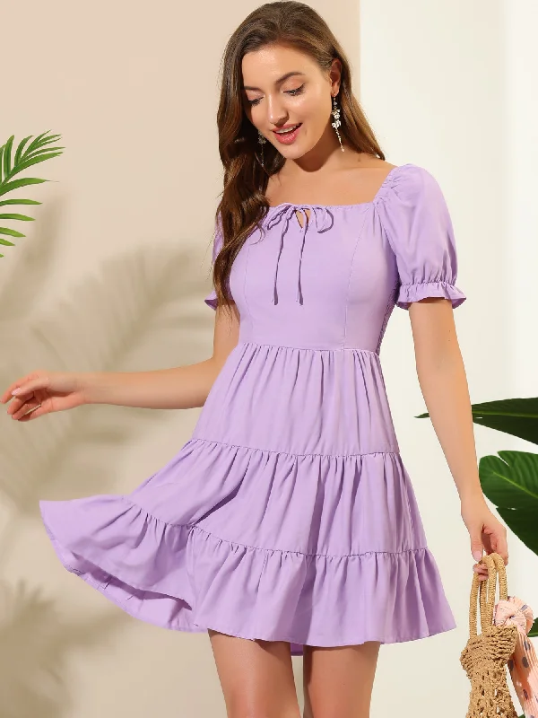 Laid-Back Elegance Cute Flowy Ruffle Short Sleeve Tiered Square Tie Neck Dress