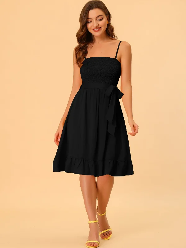 Women's Charming Outfit For Events Boho Smocked Spaghetti Strap Tie Waist Ruffle Beach Cami Dress Sundress