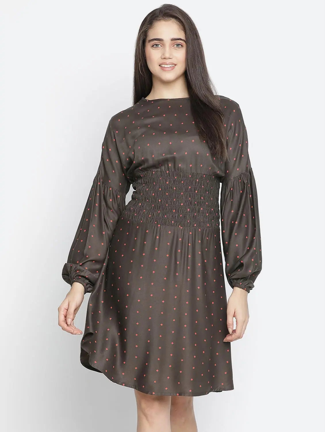 Women's Street Style Casual Wear Rissser Solid Brown Alluring Women Smocked Dress