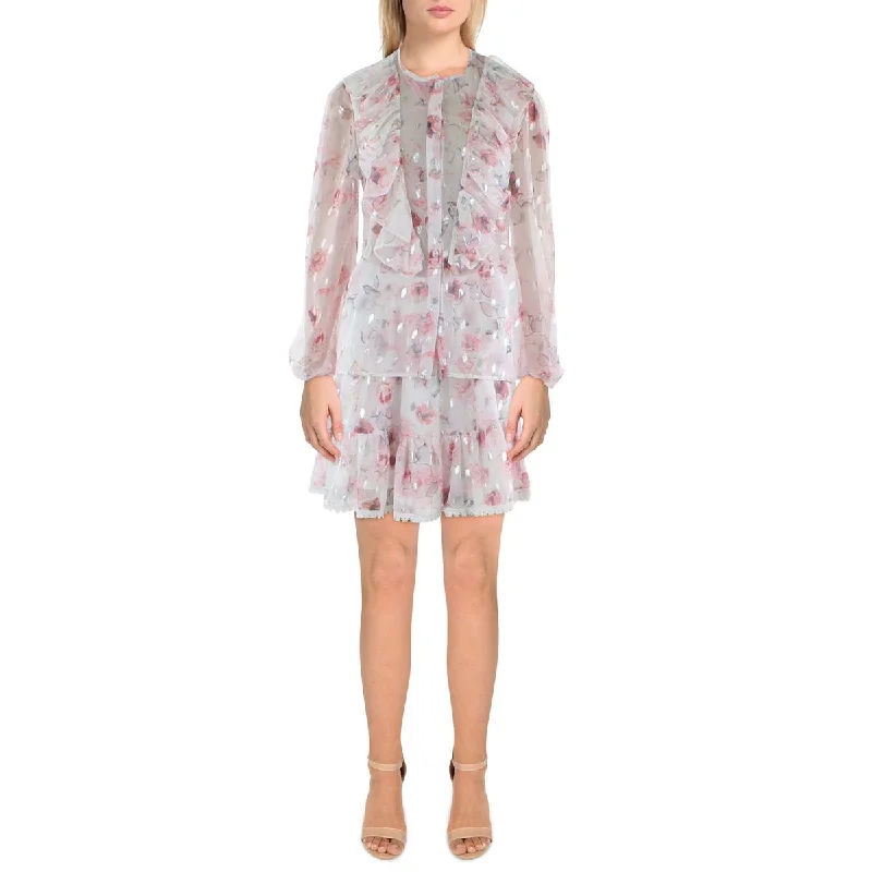 Women's Effortless Casual Outfit Beulah Womens Juniors Cascade Ruffle Neck Bishop Sleeve Two Piece Dress