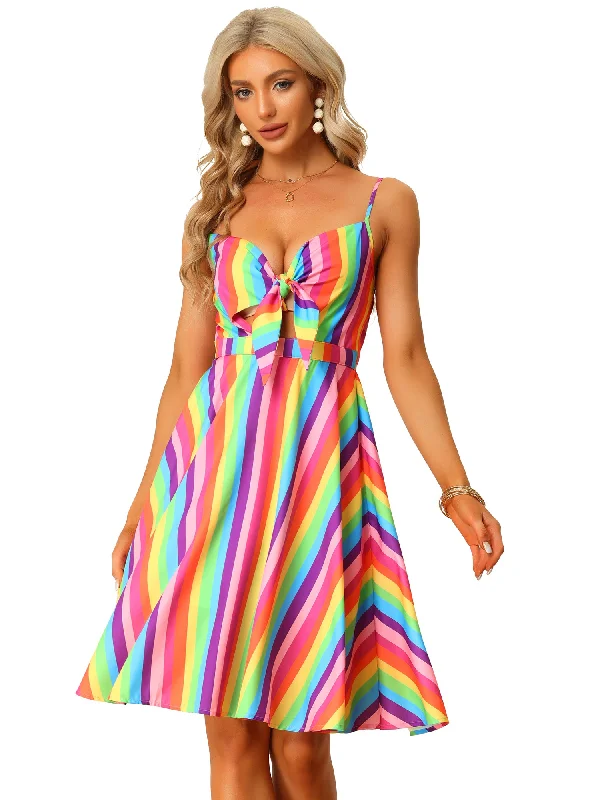 Sustainable Women's Clothing Summer Casual Beach V Neck Tie Front Rainbow Spaghetti Strap Dress