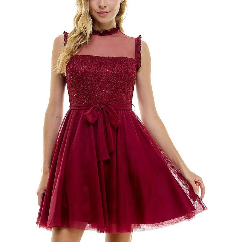 Street Style Fashion City Studio Womens Juniors Ruffled Mesh Fit & Flare Dress