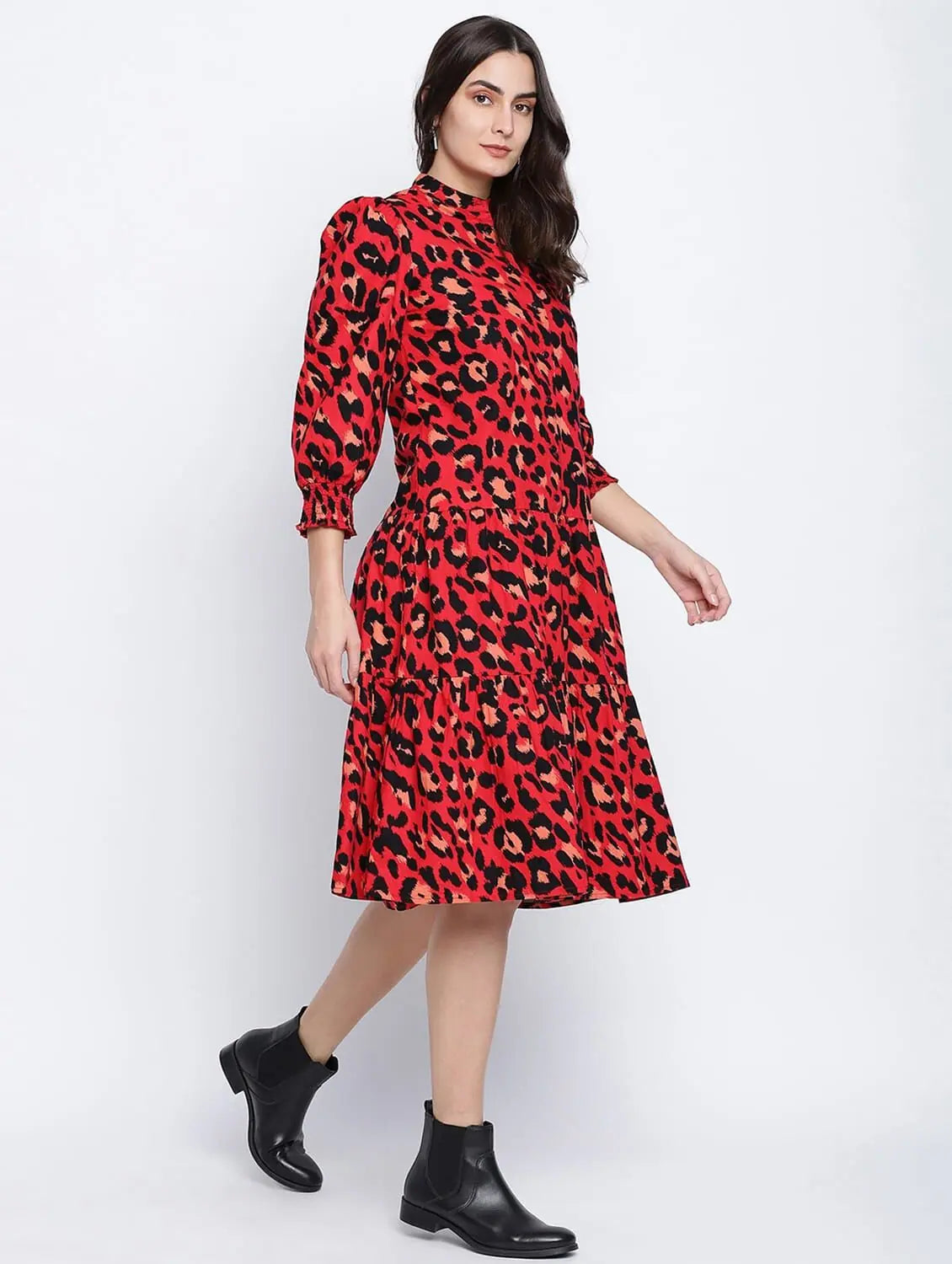 Women's Active Outfit For Fitness Verve Red Animal Printed Button Dowm Women Dress