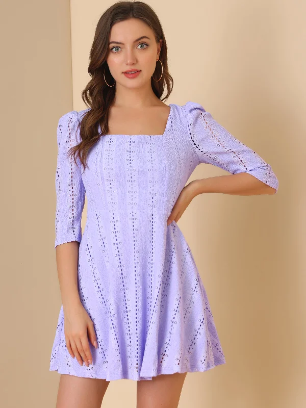 Women's Apparel And Garments Square Neck Puff Sleeve Chic Stretchy Lace Above Knee Dress