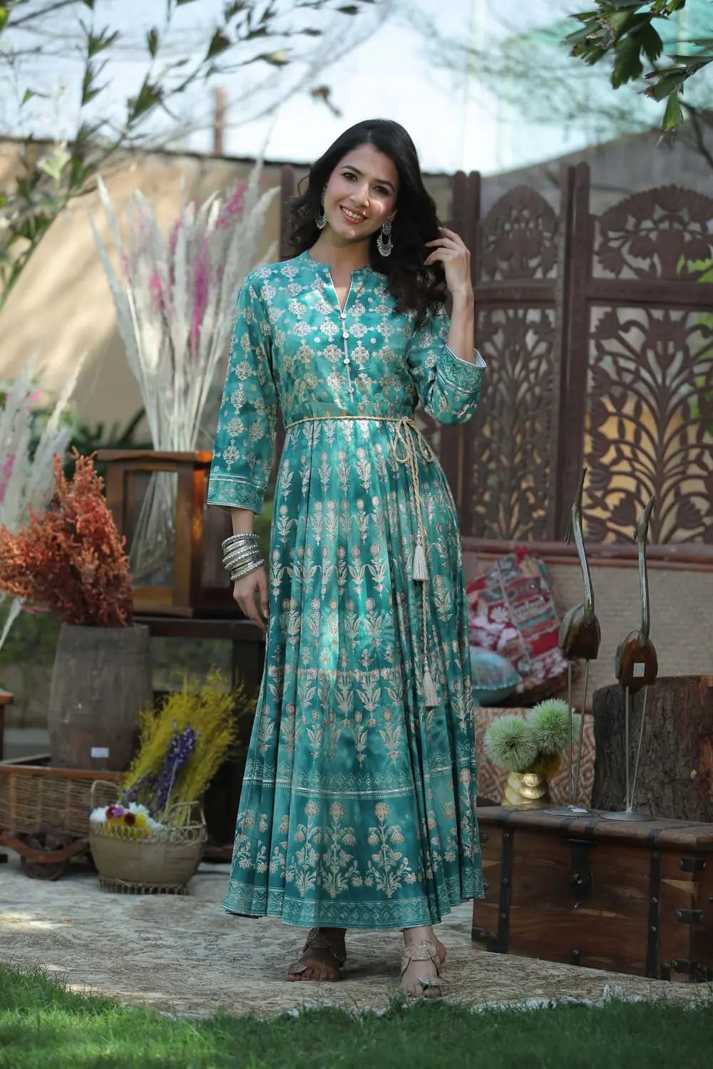 Comfortable Casual Wear Juniper Teal Rayon Printed Flared Dress with Waist Tie-up