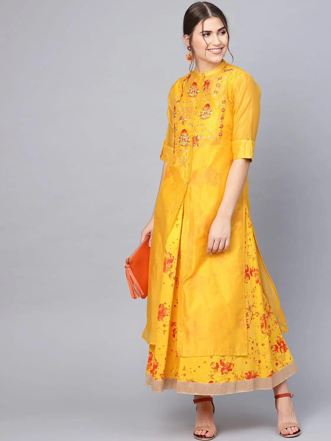 Women's Tops And Clothing Juniper Mustard Georgette Printed Flared Dress With Hair-Band