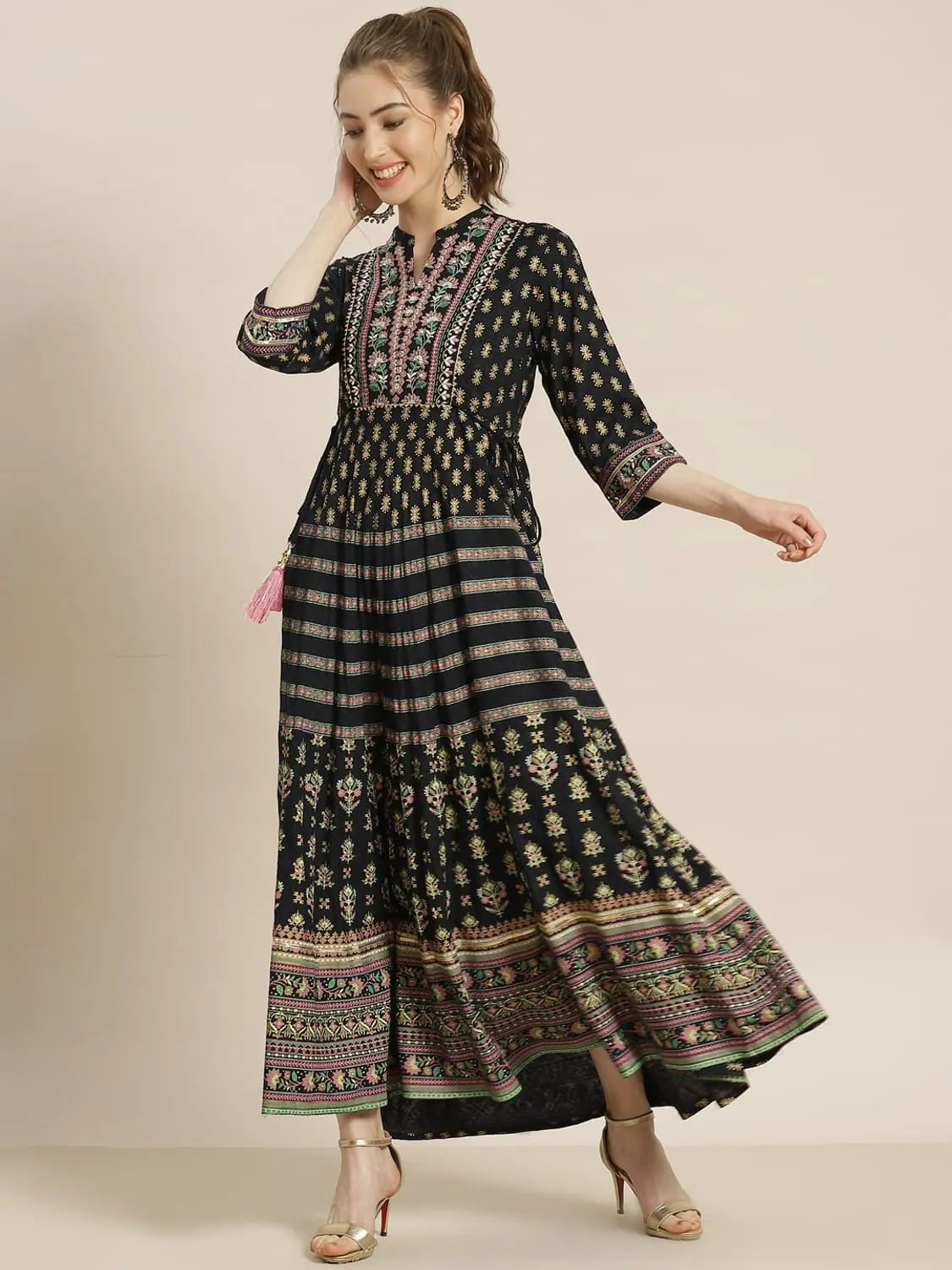 Women's Date Night Outfit Juniper Darkblue Rayon Embroidered Flared Dress