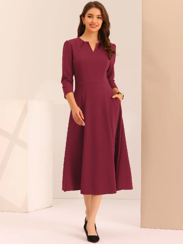 Women's Urban Clothing Notch Neck Pocketed 3/4 Sleeve Solid A-Line Work Dress