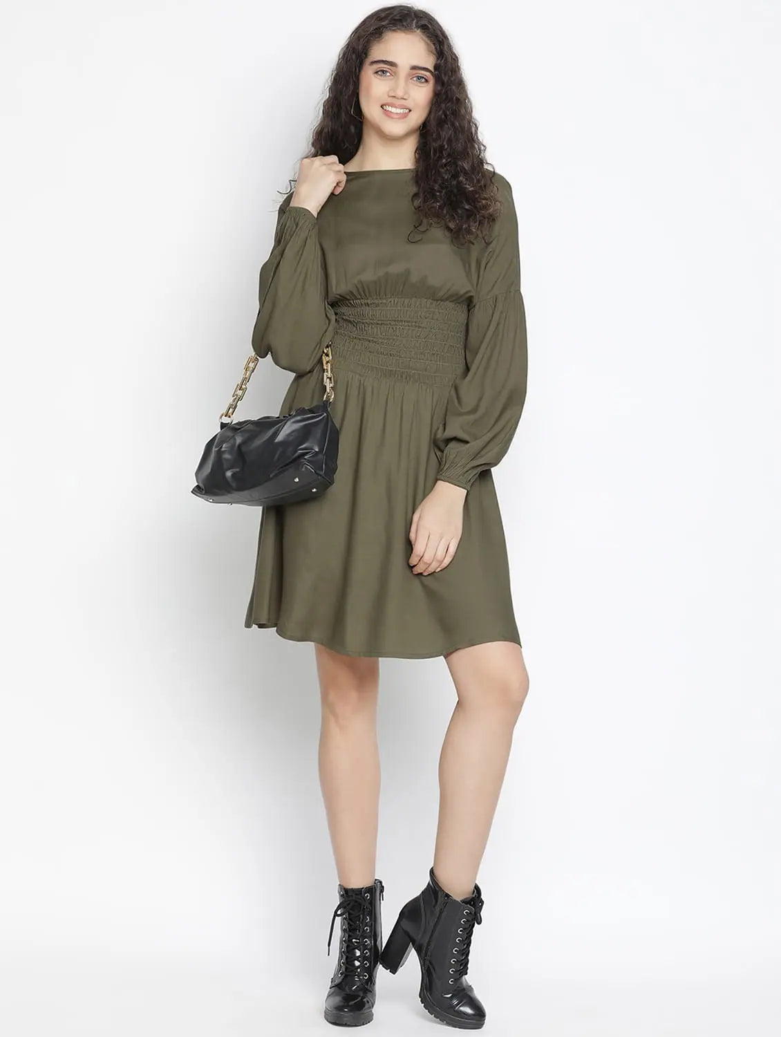 Women's Travel Garments Elevon Kahki Colour Smart Women Smocked Dress