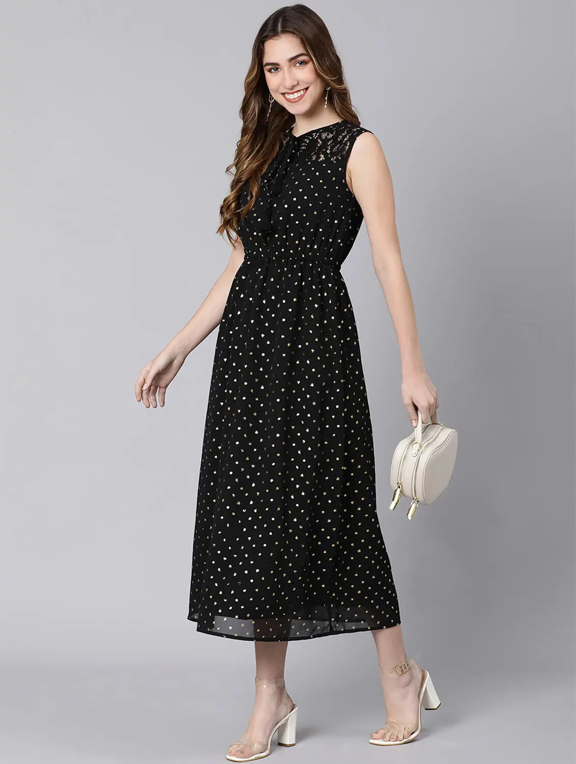 Modern Women's Fashion with Vintage Touches Romantic Black Lurex Print Elasticated Women Dress Modern Women's Fashion with Vintage Touches Romantic Black Lurex Print Elasticated Women Dress