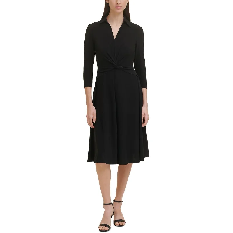 Earthy Tones Tommy Hilfiger Womens Petites Knee Length Front Twist Fit & Flare Dress