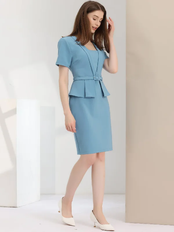 Women's Formal Clothes Vintage Belt V-Neck Faux Two Piece Casual Short Sleeve Office Dress