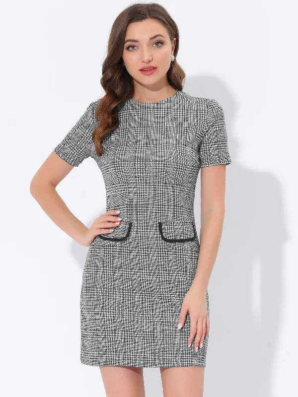 Timeless Classics Work Short Sleeve Vintage Houndstooth Pencil Sheath Dress