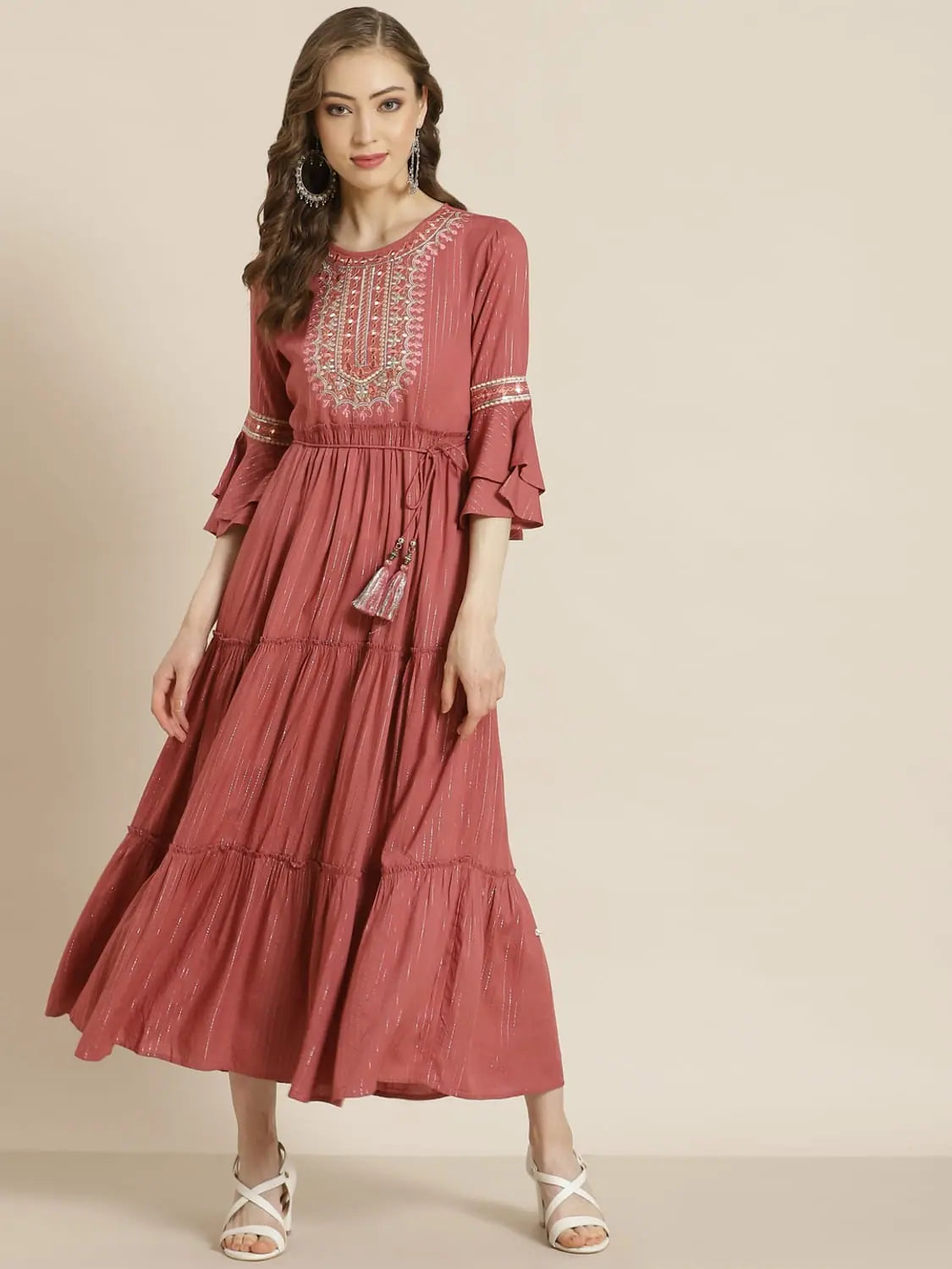 Women's Athletic Outfit Juniper Rosepink Rayon Lurex Embroidered Tiered Dress
