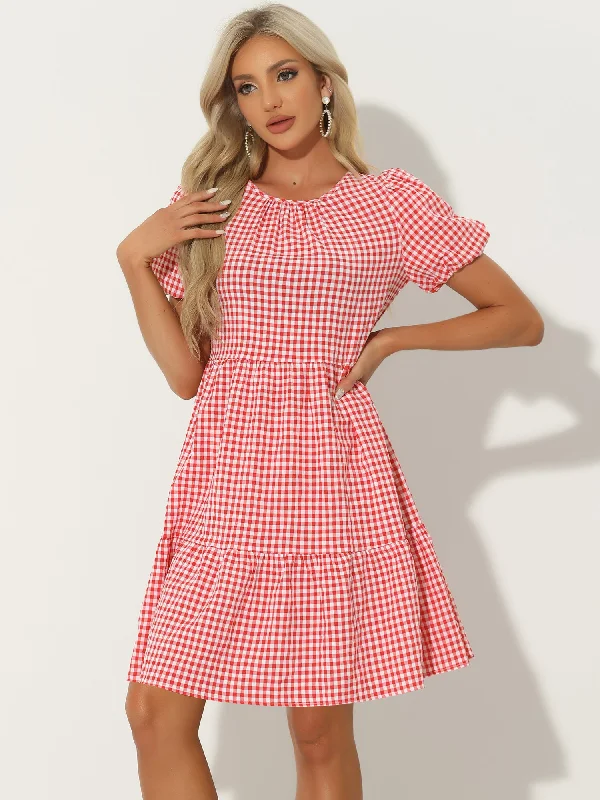 Women's Casual Wear Outfit Puff Short Sleeve Crewneck High Waist Casual Tiered Dress