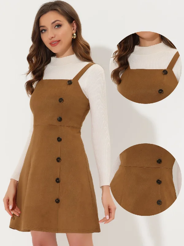 Modern Women's Fashion with Vintage Touches Faux Suede Button Above Knee A-Line Pinafore Overall Dress