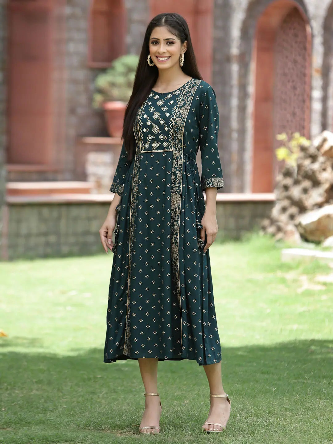 Women's Everyday Garments Juniper Bottle Green Rayon Festive Printed Embroidered Flared Dress For Women Women's Everyday Garments Juniper Bottle Green Rayon Festive Printed Embroidered Flared Dress For Women