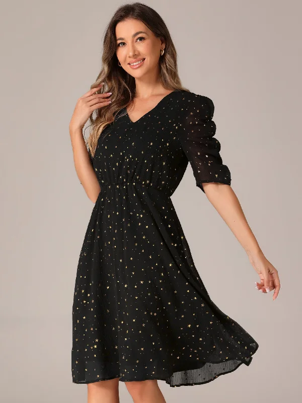 Elegant Women's Clothing Online Metallic Stars Ruched Sleeve V Neck A-line Chiffon Dress