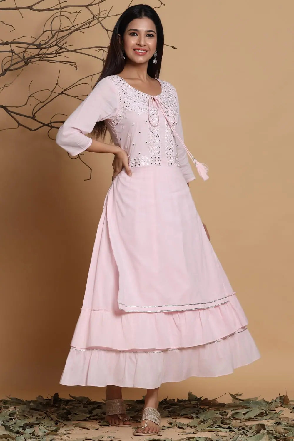Bold Fashion Juniper Pink Cotton Mirror Work Layered Kurta Dress With Mask