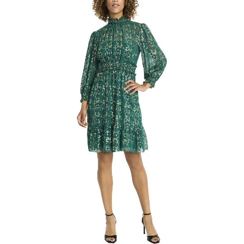 Modern Women's Clothes Maggy London Womens Metallic Ruffled Fit & Flare Dress