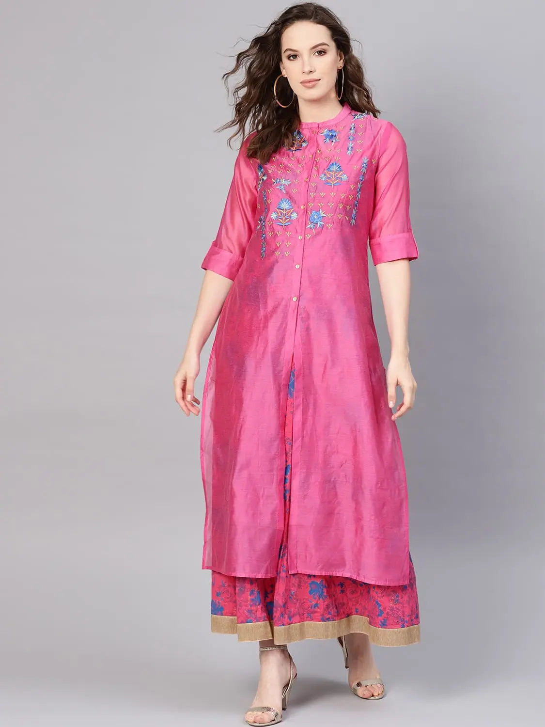 Bold Fashion Juniper Fuschia Shantoon Gold Foil Print Layered Kurta Dress