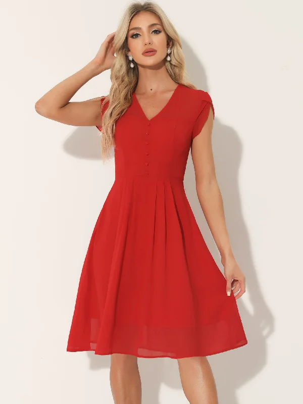 Elegant Women's Fashion Vintage Chiffon V Neck Cap Sleeve Elegant A-Line Dress