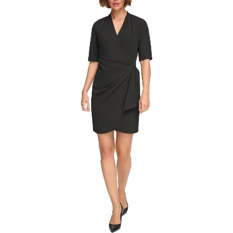 Elegant Clothing For Women DKNY Womens Petites Faux Wrap Ruched Fit & Flare Dress