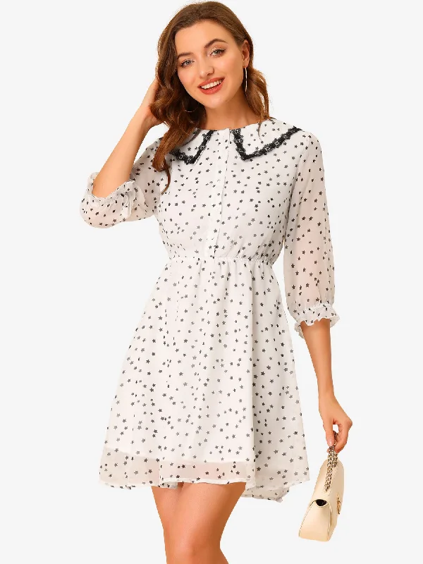 Women's Athletic Garments Peter Pan Collar Star Heart Printed 3/4 Sleeve Chiffon Dress