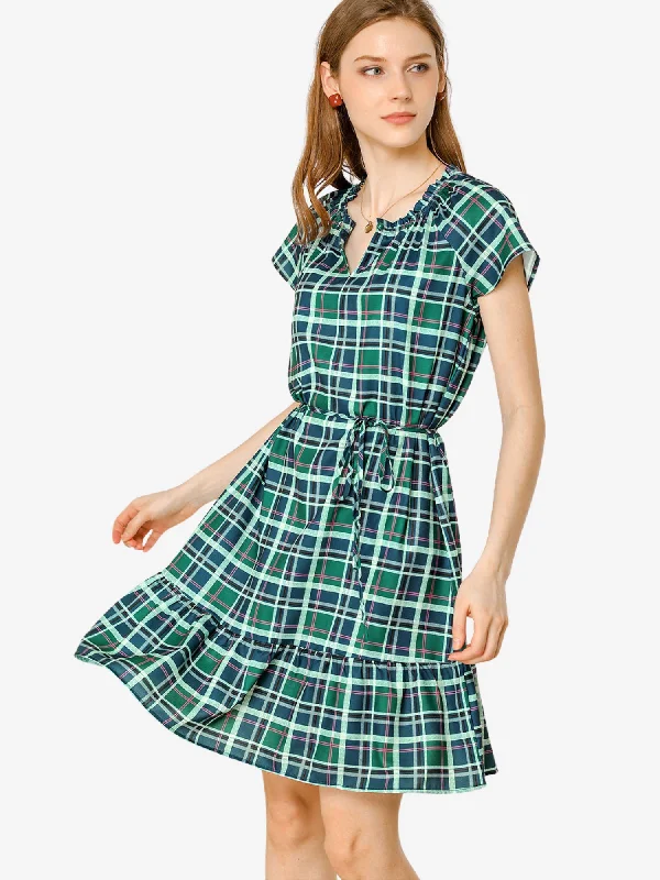 Women's High-End Clothing Plaid Tie Waist Belted Keyhole Short Sleeve Ruffle Neck Dress