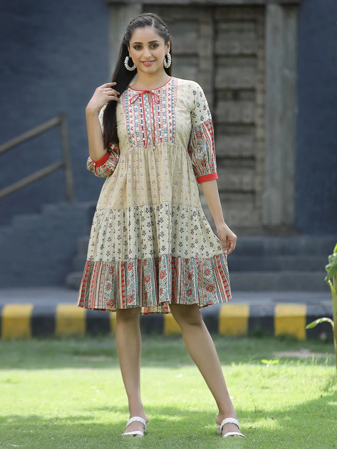 Women's Stylish Casual Garments Juniper Beige Cambric Festive Embroidered Tiered Short Dress For Women Women's Stylish Casual Garments Juniper Beige Cambric Festive Embroidered Tiered Short Dress For Women