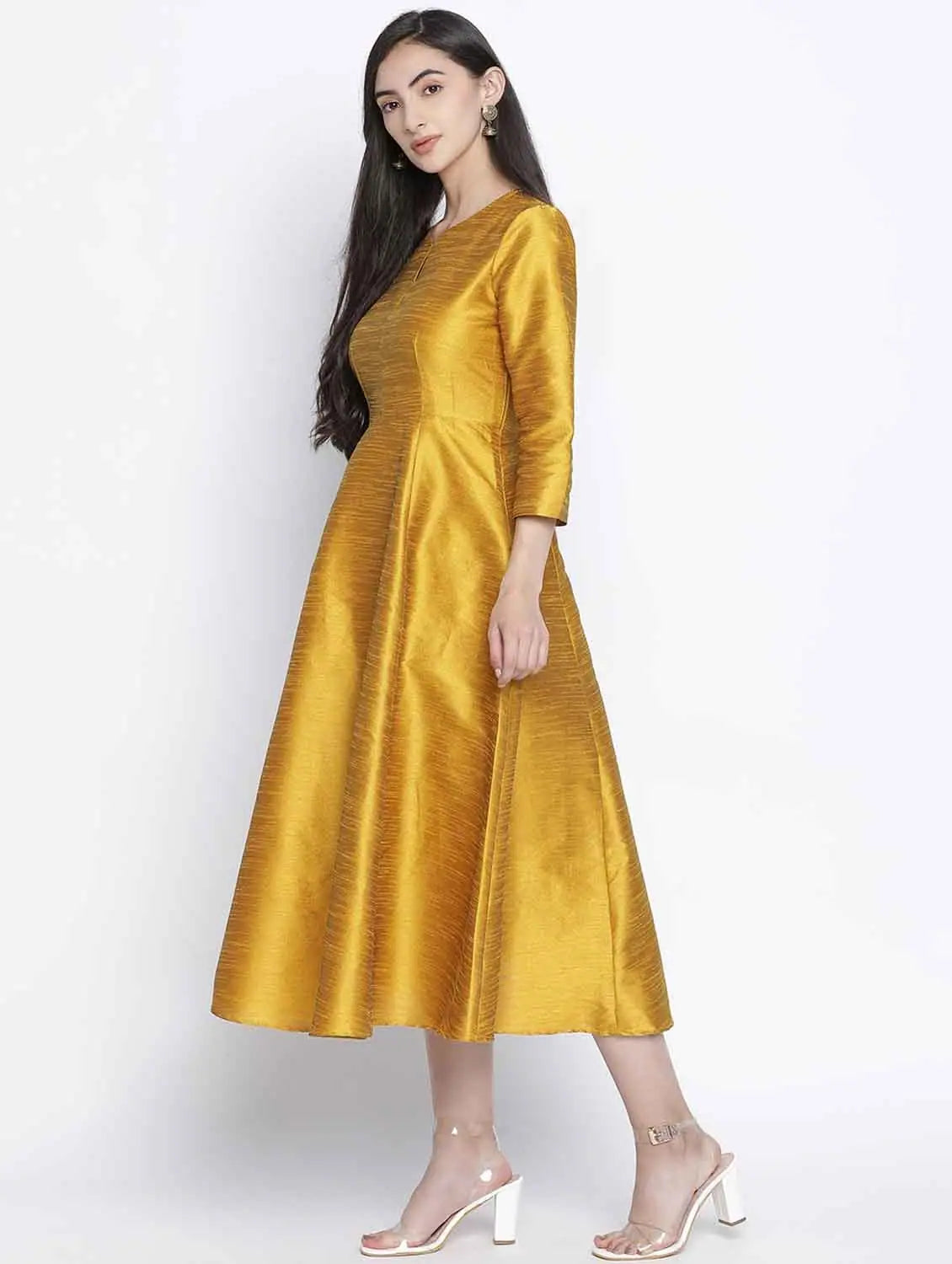 Fashion-forward Women's Clothing Glitter Gold Dupion Silk Women Long Dress