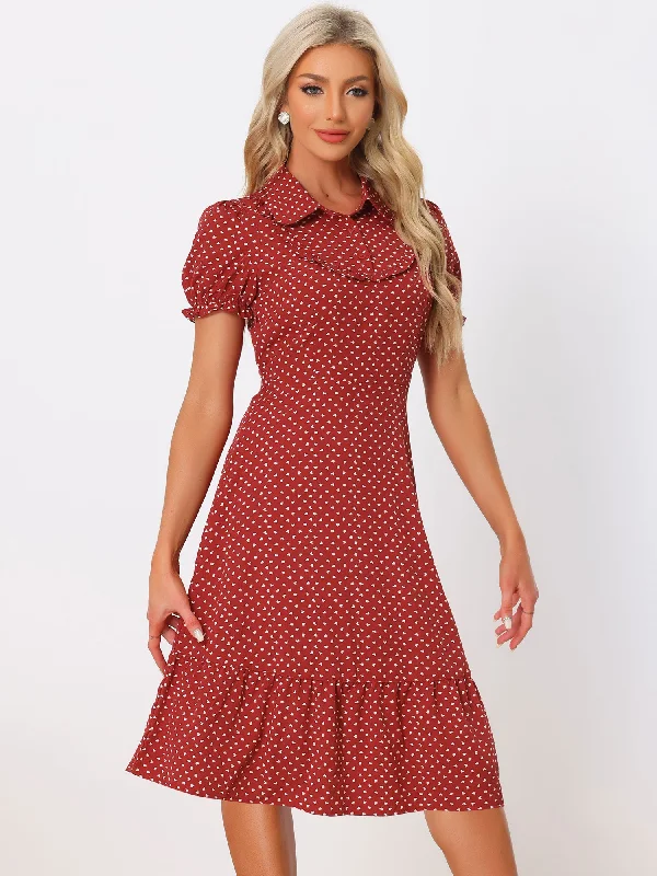 Modern Women's Apparel Heart Print Lapel Collar Puff Short Sleeves Vintage Ruffled Dress