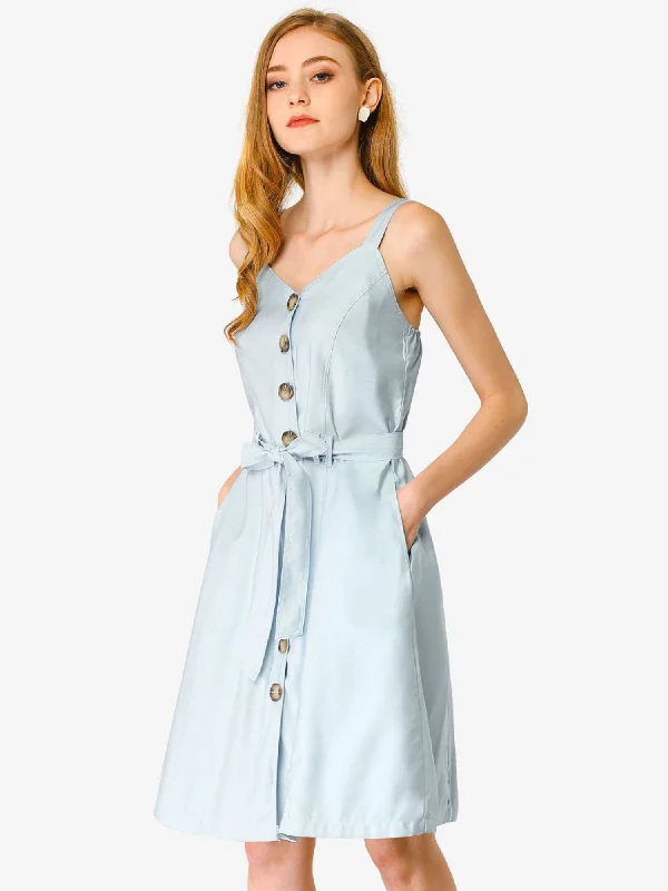 Classic Women's Clothing Styles Sweetheart Neck Belted Pockets Button Spaghetti Strap Cami Dress