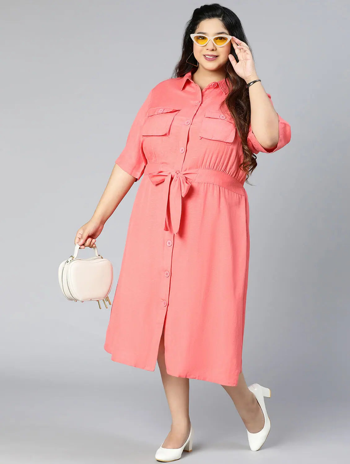 Charming Women's Garments Boom Pink Button-Down Plus Size Linen Blend Dress
