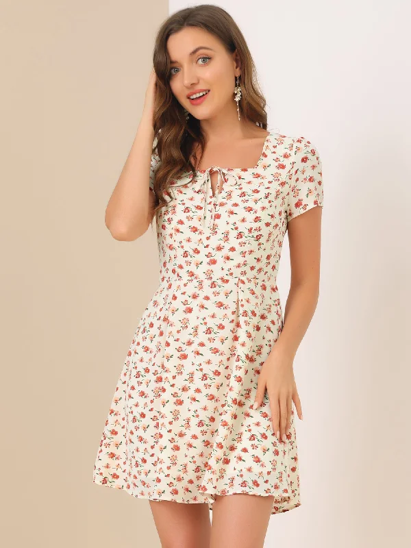 Chic Women's Clothing Online Printed Casual Square Neck Short Sleeve A-Line Dress