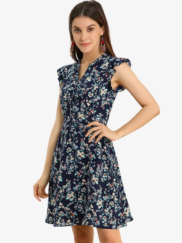 Women's High-Fashion Clothes Flutter Sleeve Ruffle A-Line Flowy Chiffon Dress