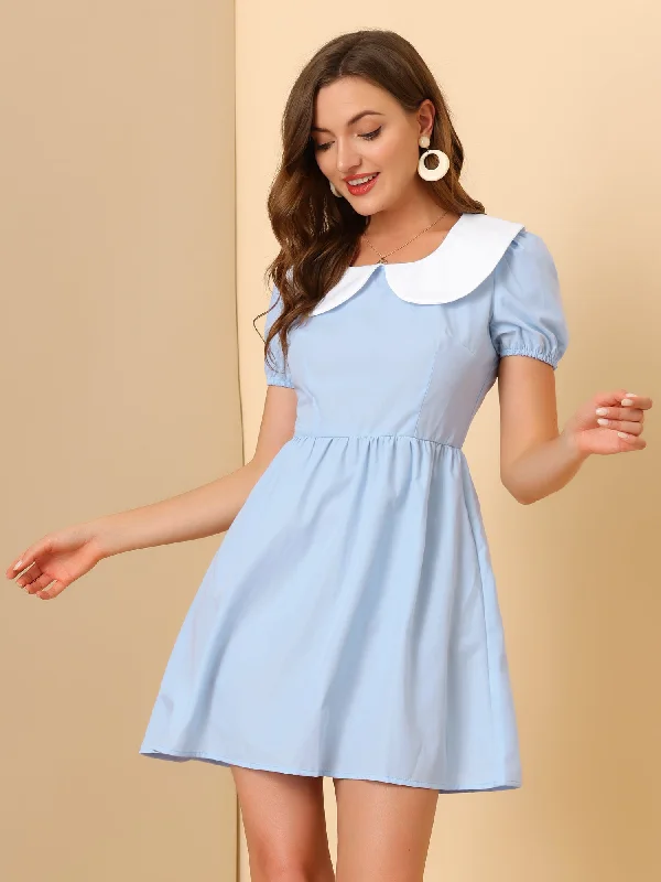 Vintage Fashion Contrast Peter Pan Collar Puff Short Sleeve A-line Dress