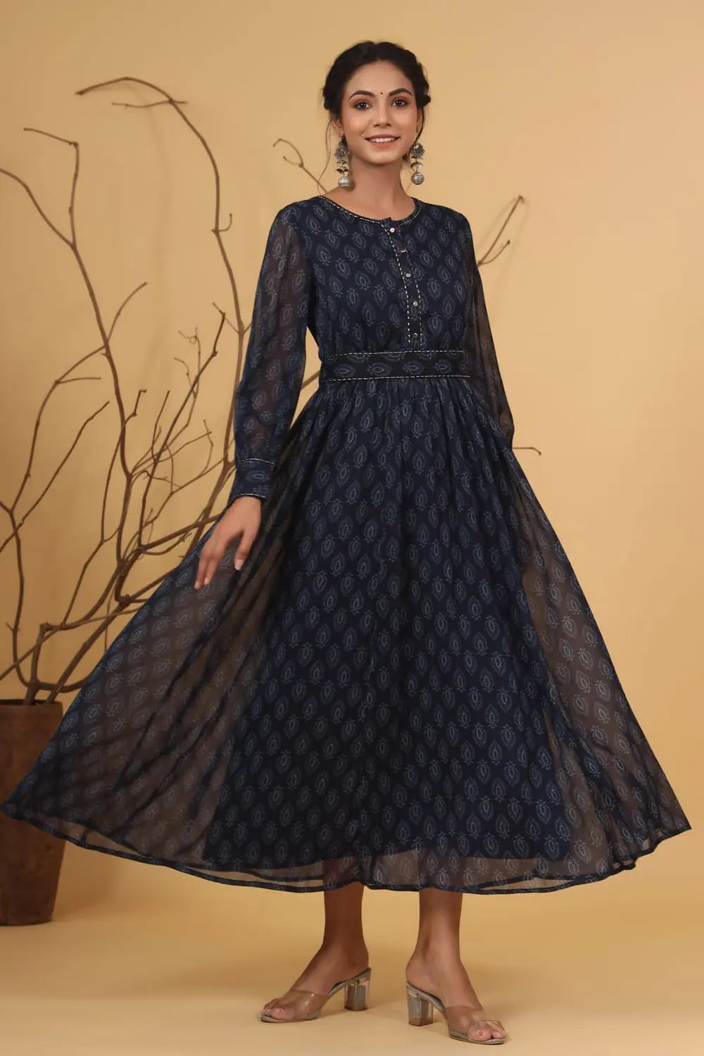 Modern Women's Apparel Juniper Navy Alphin Chiffon Flared Printed Dress With Tie-up Blet Modern Women's Apparel Juniper Navy Alphin Chiffon Flared Printed Dress With Tie-up Blet