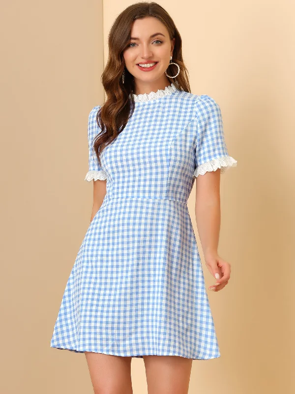Top 10 Women's Online Clothing Stores Summer Ruffle Neck Lace Panel Short Sleeve Check Gingham Dress