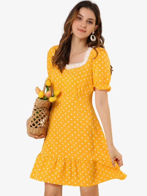 Women's Elegant Garments Summer Sweetheart Neck Ruffled Hem Puff Short Sleeve Polka Dots Dress